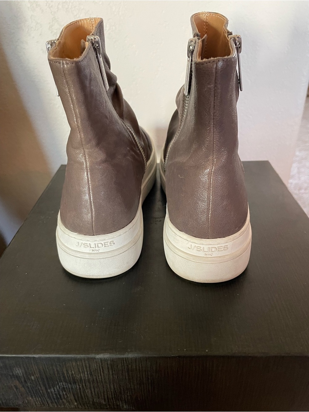J/SLIDES Taupe Leather zip side boots with White Platform Soles